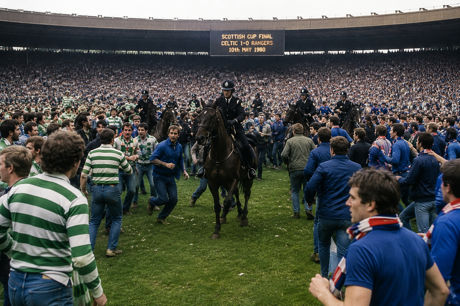 Celtic and Rangers supporters on the pitch as mounted police intervene after the 1980 Scottish Cup Final