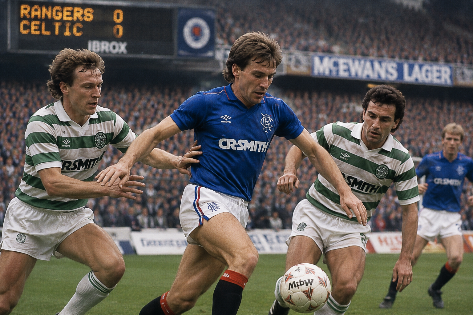 Rangers and Celtic players battling for the ball during an Old Firm match at Ibrox
