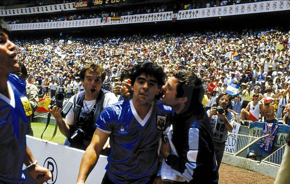 Diego Maradona celebrating after scoring against England in the 1986 World Cup quarter-final